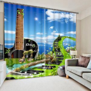 3D Music Bridge and Guitar Printed Creative Scenery Polyester Custom Decorative Curtain