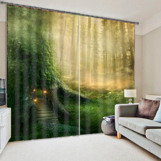 Cabin in Thick Green Forest Dreamy and Mysterious Scenery Creative Shading Curtain - Image 4