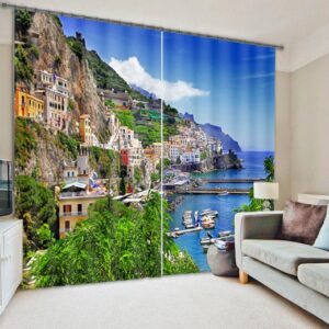 Beautiful Seaside Town Buildings Scenery Printing Custom Living Room 3D Curtain