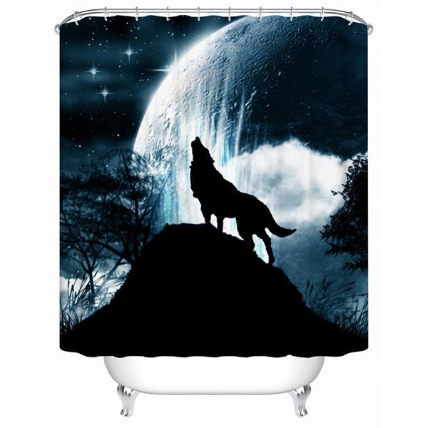 3D Wolf Under the Moonlight Printed Dark Blue Polyester Shower Curtain - Image 2