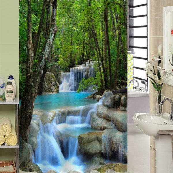 3D Waterfall and Hidden Forests Printed Polyester Shower Curtain - Image 2