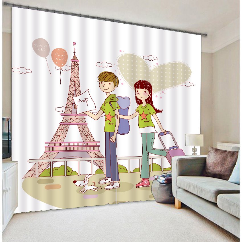 3D Cartoon Lovers Printed Romantic and Sweet Style 2 Pieces Decorative and Blackout Curtain