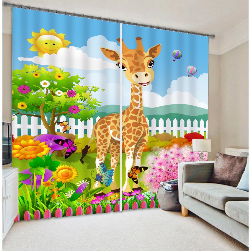 3D Cute Elks Butterflies and Sunflowers Printed Cartoon Style Blackout Custom Curtain - Image 7