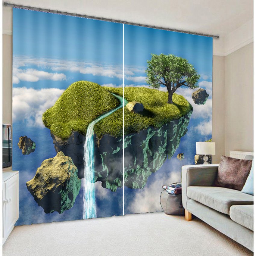 Top of Mountain with White Clouds High Quality Polyester 3D Scenery Custom Curtain - Image 2
