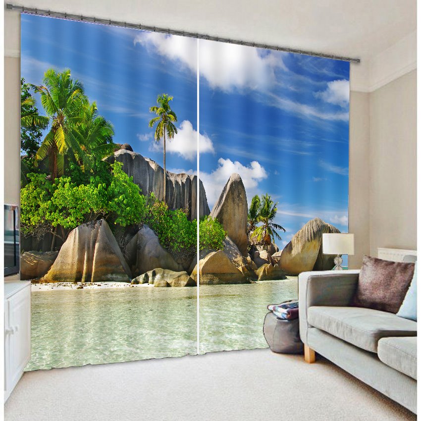 3D Palm Trees and Beach Printed Beautiful Seaside Scenery Thick Polyester Custom Blackout Curtain - Image 4