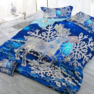 Reindeer Blue Snowflake Wear-resistant Breathable High Quality 60s Cotton 4-Piece 3D Bedding Sets