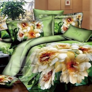 White Blooming Flowers Design Green 4-Piece Cotton Duvet Cover Sets