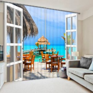 3D Chairs and Tables with Wooden Bridge in Seaside Beach Custom Living Room Curtain