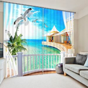3D White Doves and Sea House Printed Beach Scenery Custom Curtain for Living Room