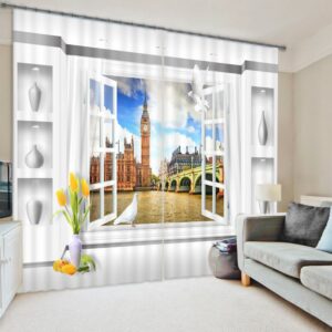 3D Window Scenery Big Ben Printed Polyester Two Pieces Decorative Custom Curtain
