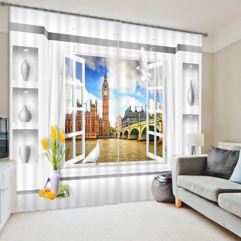 3D Window Scenery Big Ben Printed Polyester Two Pieces Decorative Custom Curtain - Image 6