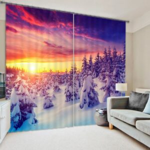 Beautiful Snowy Forest Sunrise Scenery Printing Decorative Custom Living Room 3D Curtain