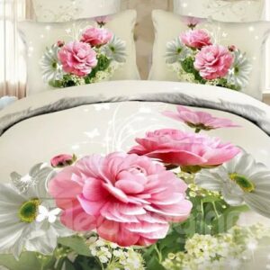 Shining White and Pink Flowers Design Polyester 4-Piece Duvet Cover Sets