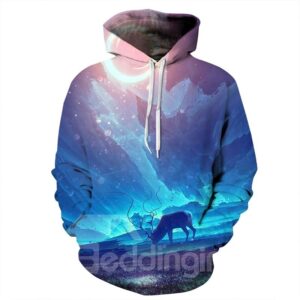 Long Sleeve Antelope Pattern Pocket 3D Painted Hoodie