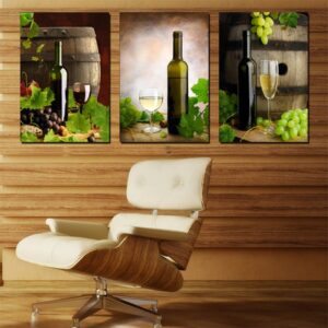 Elegant and Modern Wine Bottle and Glasses and Grapes Canvas 3-Panel Wall Art Prints