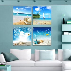 16¡Á16in¡Á4 Panels Blue Seaside Scenery Hanging Canvas Waterproof and Eco-friendly Framed Prints