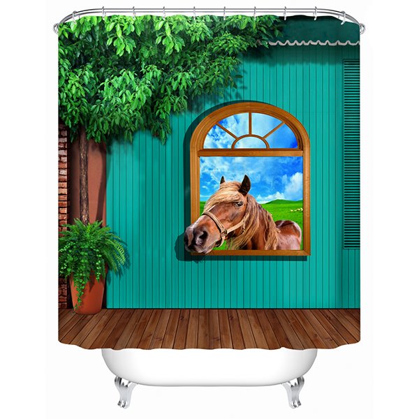 3D Horse in Window Printed Polyester Light Green Bathroom Shower Curtain - Image 3