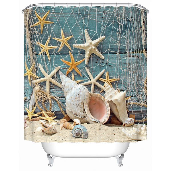 3D Sea Snail and Starfish Seashell Printed Polyester Bathroom Shower Curtain - Image 3