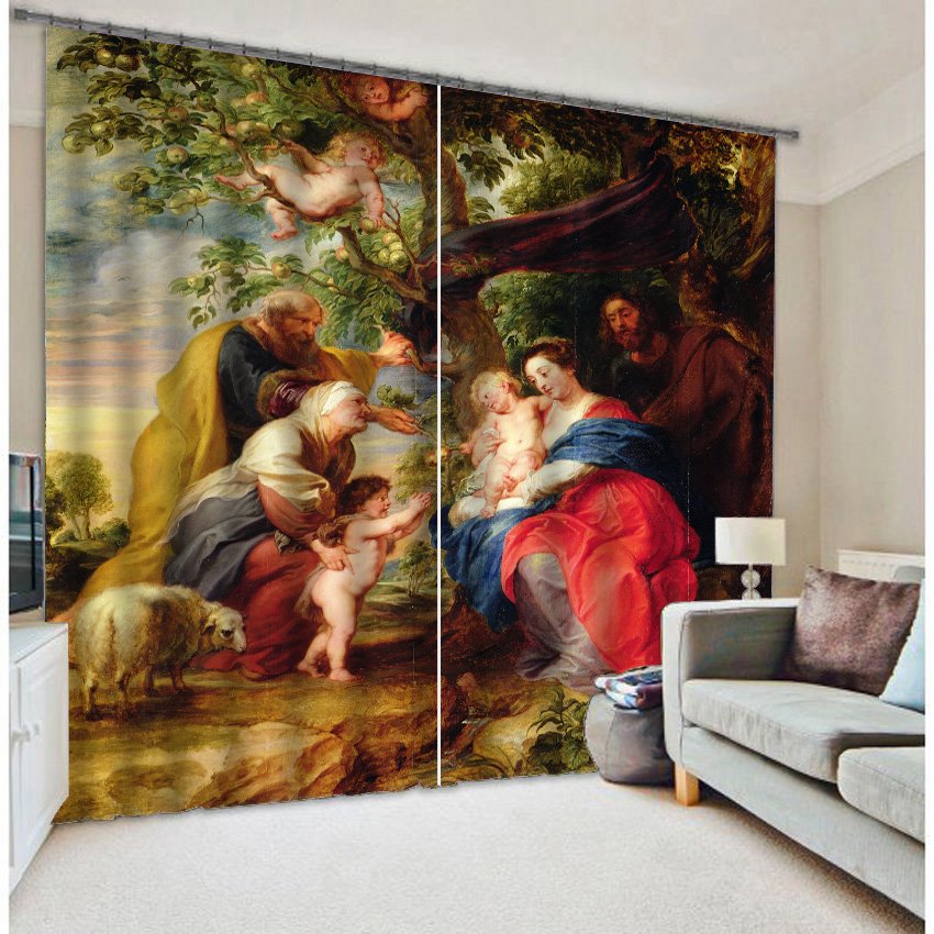 3D People with Apple Tree Printed Oil Painting 2 Panels Custom Blackout Curtain - Image 5