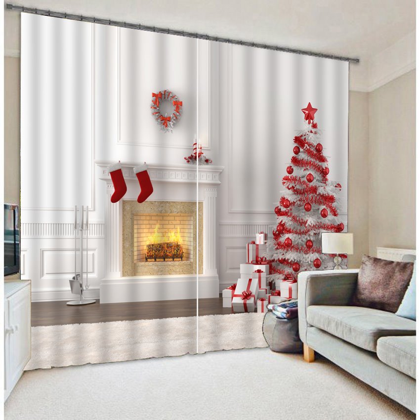 3D Socks and Trees Christmas Printed 2 Panels Custom Decorative Curtain for Bedroom - Image 5