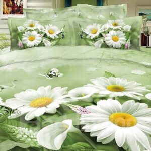 Pastoral Butterflies and Flowers Print Green 4-Piece Cotton Duvet Cover Sets