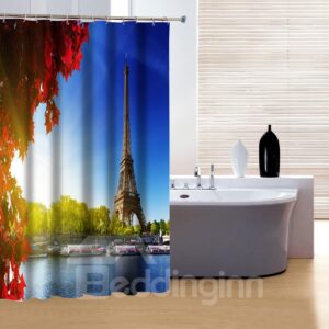 Charming Peaceful Eiffel Tower and Maple Leaves 3D Shower Curtain
