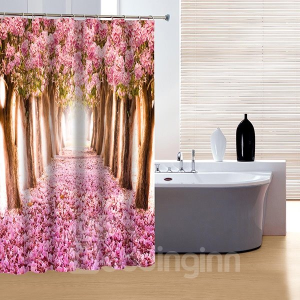 3D Pink Flowers and Trees Polyester Waterproof Antibacterial Eco-friendly Shower Curtain - Image 2