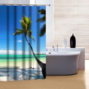 3D Coconut Tree and Beach Scenery Printed Polyester Blue Shower Curtain