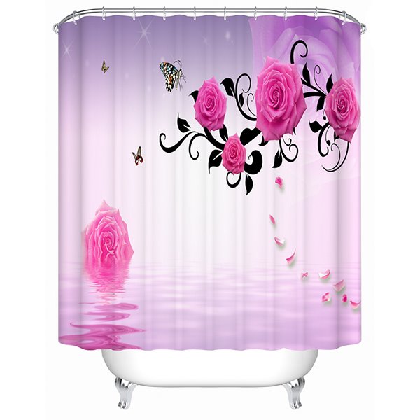 Fashion Concise Romantic Pink Rose and Butterfly 3D Shower Curtain - Image 2