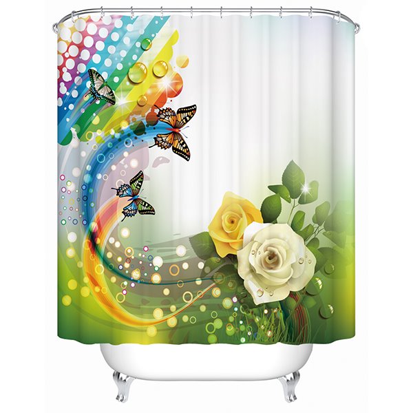 Charming Fantastic Unique Yellow and White Roses Butterfly 3D Shower Curtain - Image 3