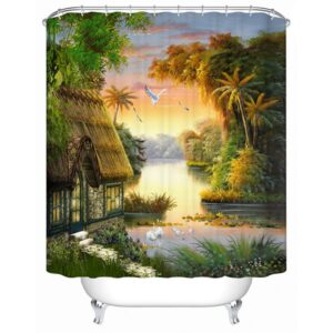 3D Beach Houses and Coconut Tree Printed Polyester Shower Curtain