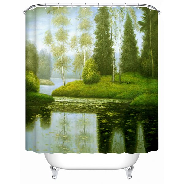 Tranquil Lake View Green Trees Print 3D Shower Curtain - Image 3