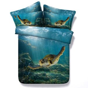 3D Swimming Turtle Blue Ocean Print Bedding Set 5-Piece Comforter Set Polyester