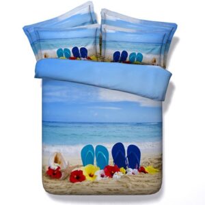 Slippers on the Beach Printed 4-Piece 3D Blue Bedding Set / Duvet Cover Set Polyester