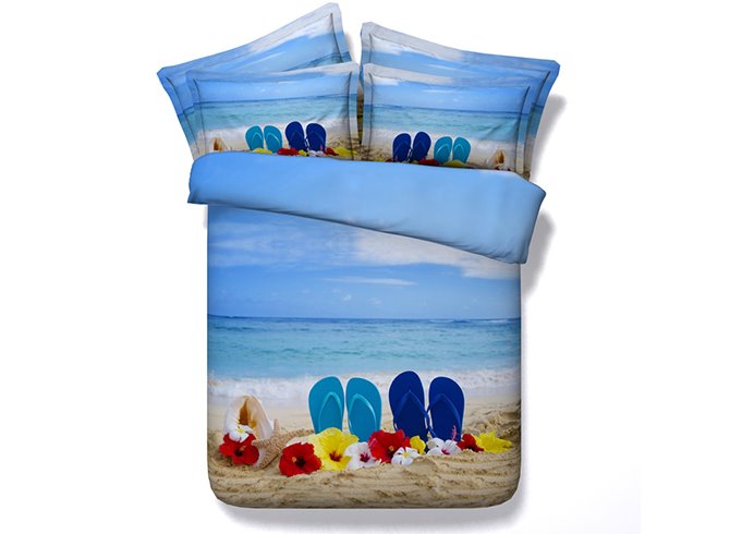 Slippers on the Beach Printed 4-Piece 3D Blue Bedding Set / Duvet Cover Set Polyester - Image 4