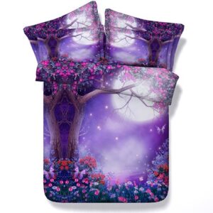 Dreamy Moon Tree and Flower Printed Polyester 4-Piece 3D Purple Bedding Sets/Duvet Covers