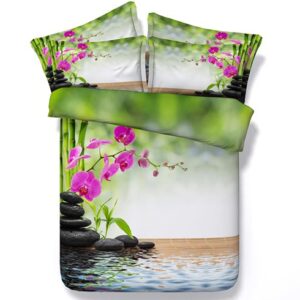 Butterfly Orchid and Zen Cobblestone Printed Polyester 4-Piece 3D Bedding Set / Duvet Cover Set