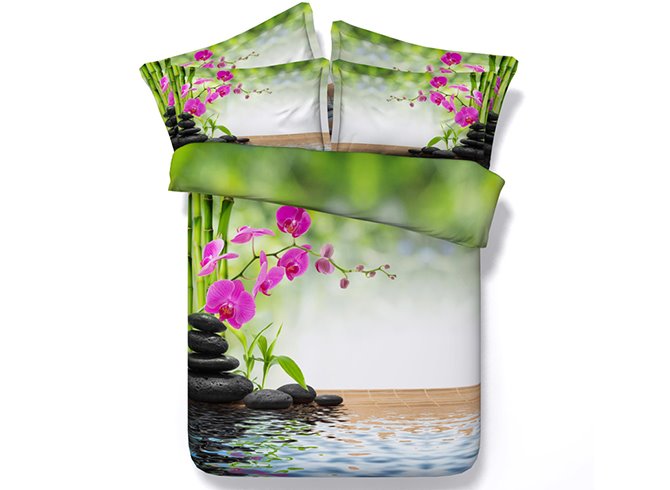 Butterfly Orchid and Zen Cobblestone Printed Polyester 4-Piece 3D Bedding Set / Duvet Cover Set