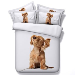 Puppy Listening to Music Duvet Cover Set Animal Printed 4-Piece White 3D Bedding Sets