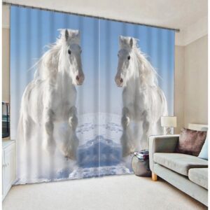 3D Galloping White Horses Printed Animal Scenery Blackout Custom Curtain