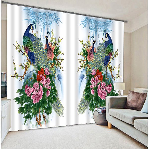 Oriental Traditional Peacocks with Blossoms Printed Animal Style Blackout Custom 3D Curtain - Image 4