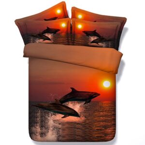 Jumping Dolphins at Sunset Printed Polyester 3D 4-Piece Bedding Sets/Duvet Covers