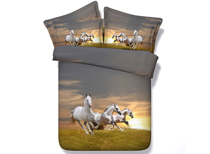 Galloping White Horses Bedding 4-Piece 3D Animal Print Bedding Set / Duvet Cover Set Polyester - Image 2