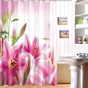Fancy Blooming Pink Lily 100% Polyester Bathroom Shower Curtain