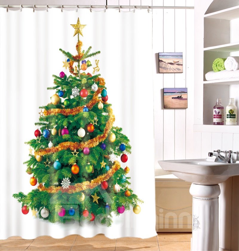 Jubilantly Shining Christmas Tree Print Polyester Shower Curtain - Image 3