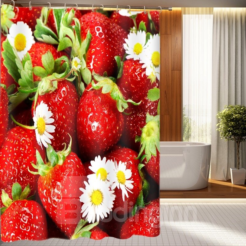 Sweet Cute Strawberry Pattern 100% Polyester 3D Shower Curtain - Image 3