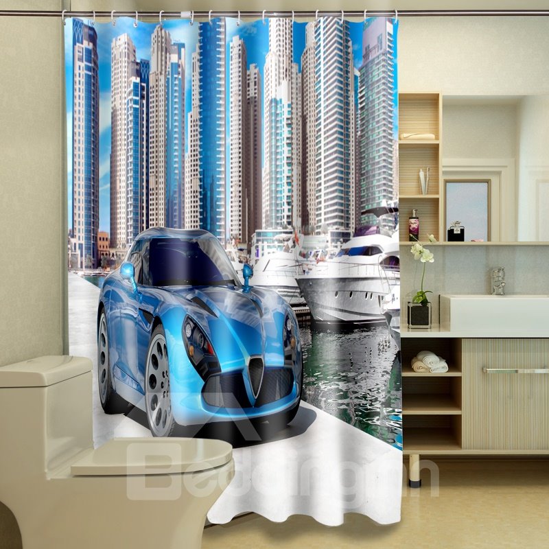 High Quality Modern Building And Luxury Car 3D Shower Curtain - Image 3