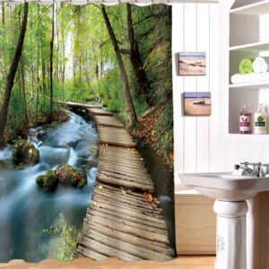 3D Secluded Forest and Wooden Path Printed Polyester Green Shower Curtain