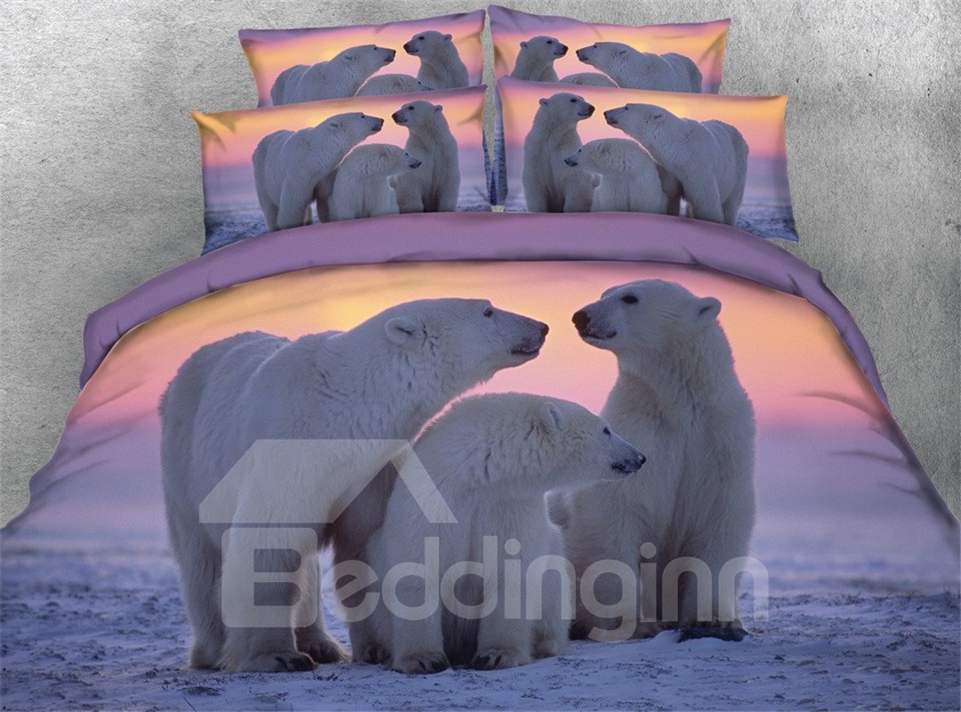 A Family of Polar Bear Printed 4-Piece 3D Bedding Set/Duvet Cover Set Polyester Purple - Image 4