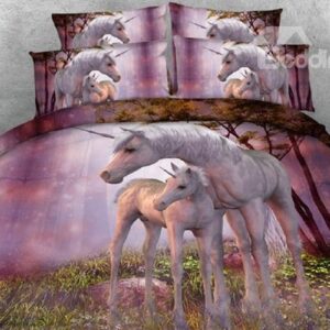 Pink Unicorns 3D 4-Piece Animal Print Bedding Set/Duvet Cover Set Soft Polyester